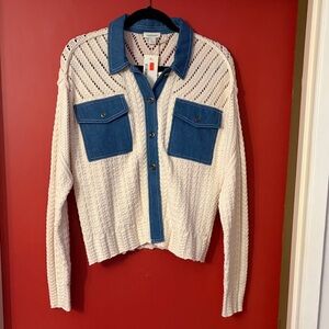 Sundance Cream Knit Cardigan with Blue Denim Trim